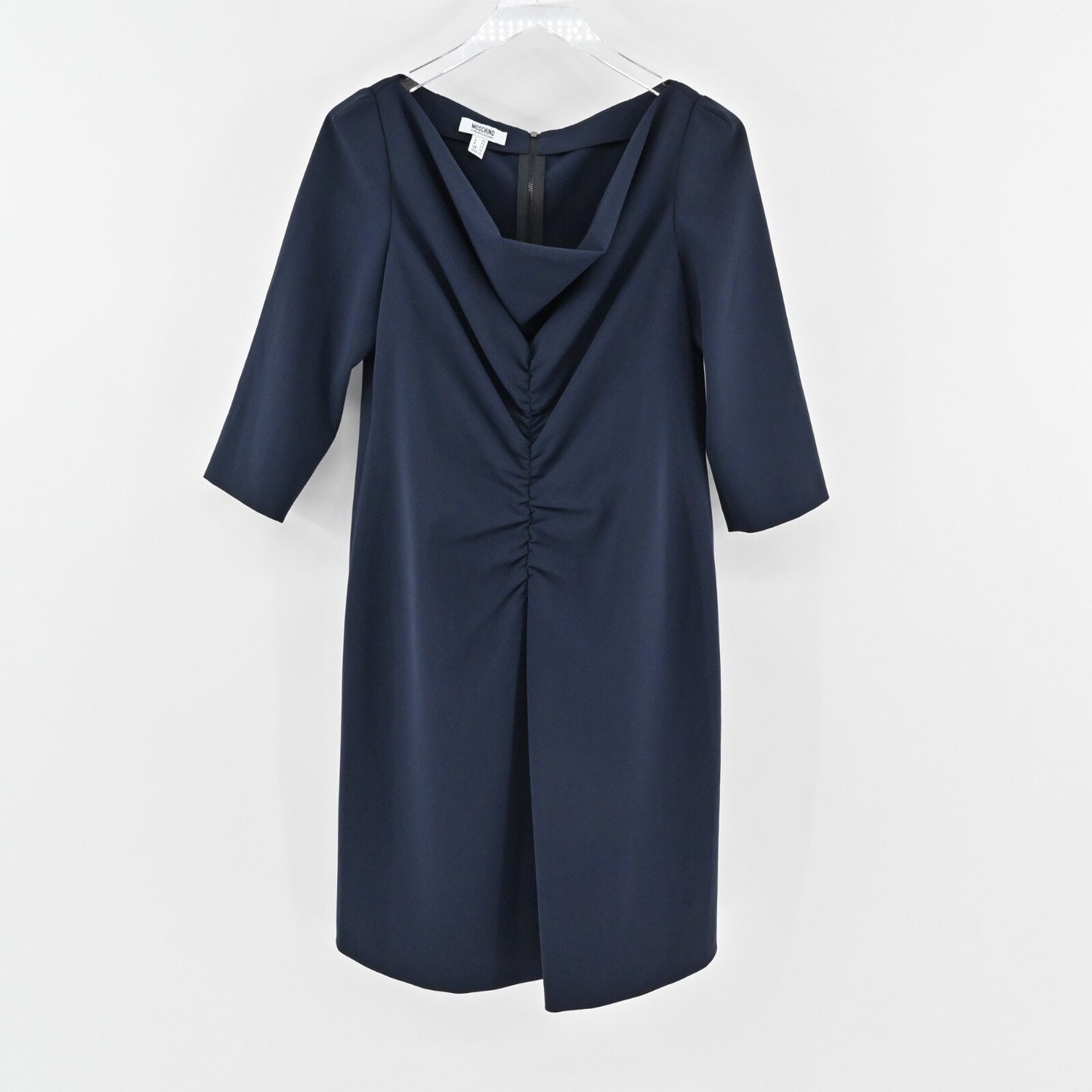 MOSCHINO Ruched Sheath Dress Size 12 Navy Boat Neck 3/4 Sleeve CHEAP AND CHIC