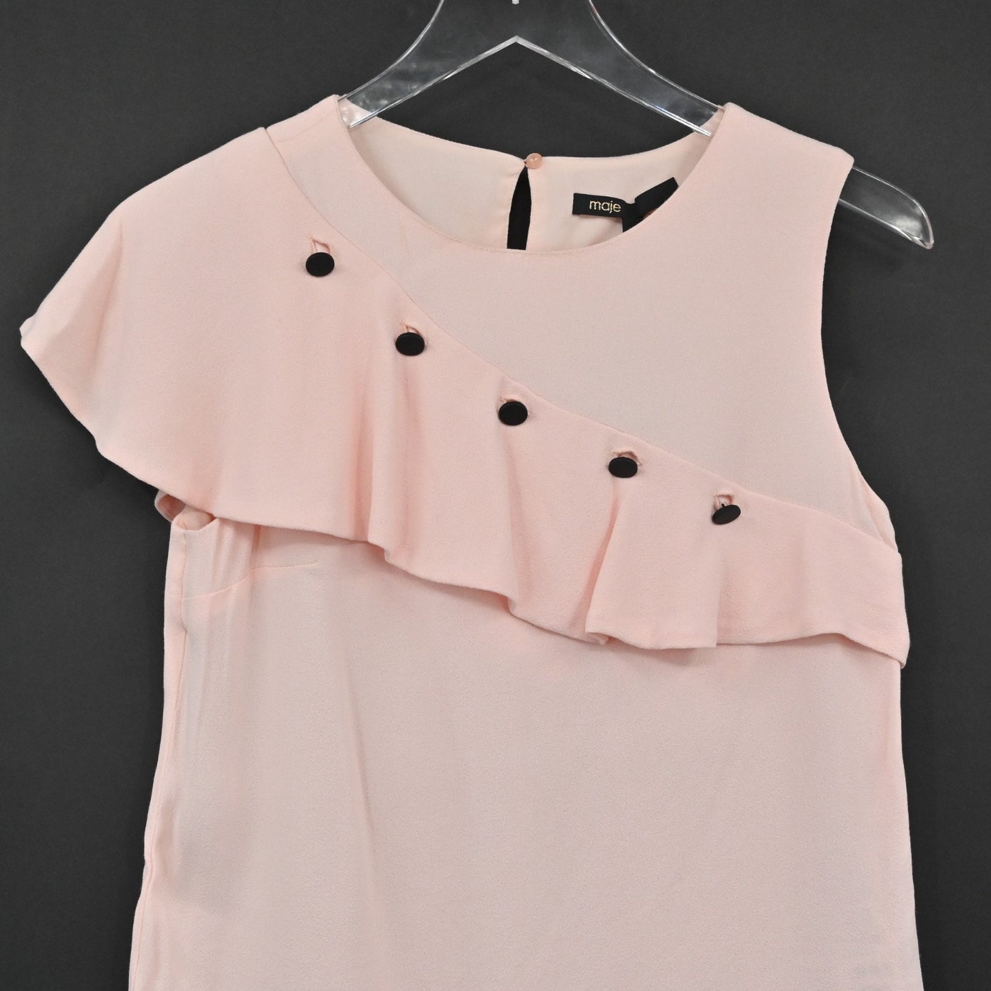 MAJE Womens Lorena Pink Ruffle Top Size S Sleeveless Coquette Black Buttons NEW