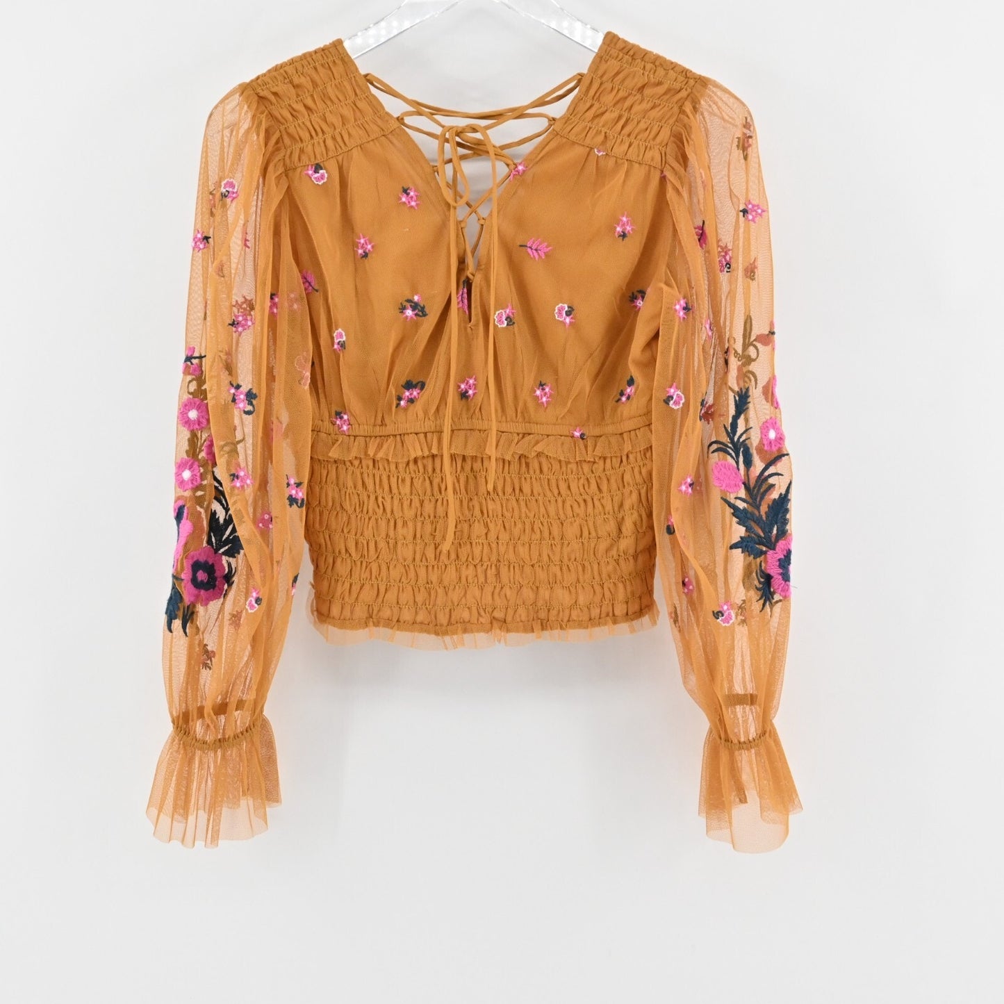 ANTHROPOLOGIE Floral Embroidered Top Womens Size XS Smocked Tulle Brown Blouse