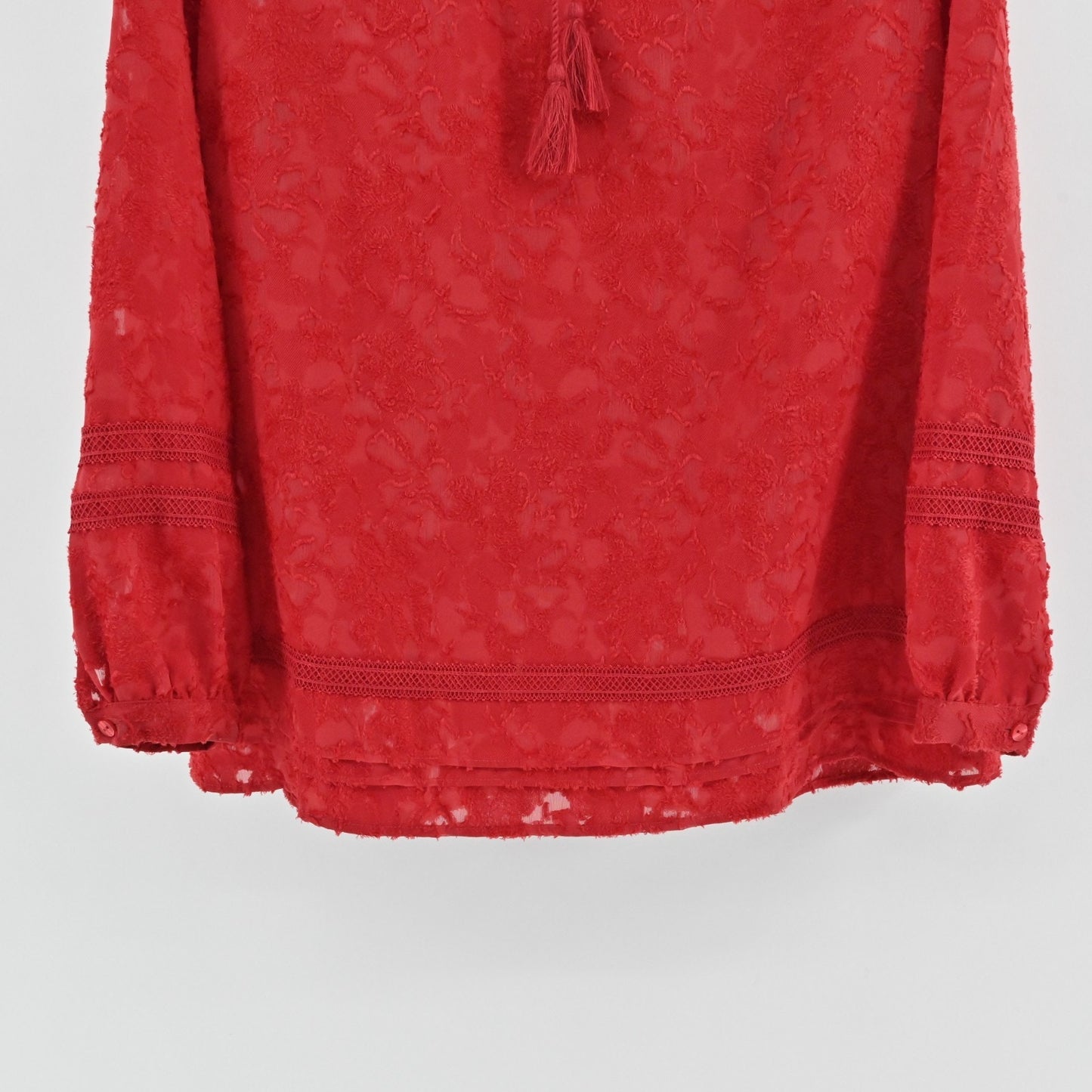 Chicos Clipped Jacquard Tie Front Top Size L Razzie Red Popover Balloon Sleeve