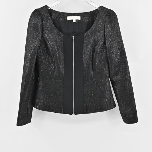 ARIANA ROCKEFELLER Jacket Womens Size 2 Silk Black Combo Metallic Full Zip Front