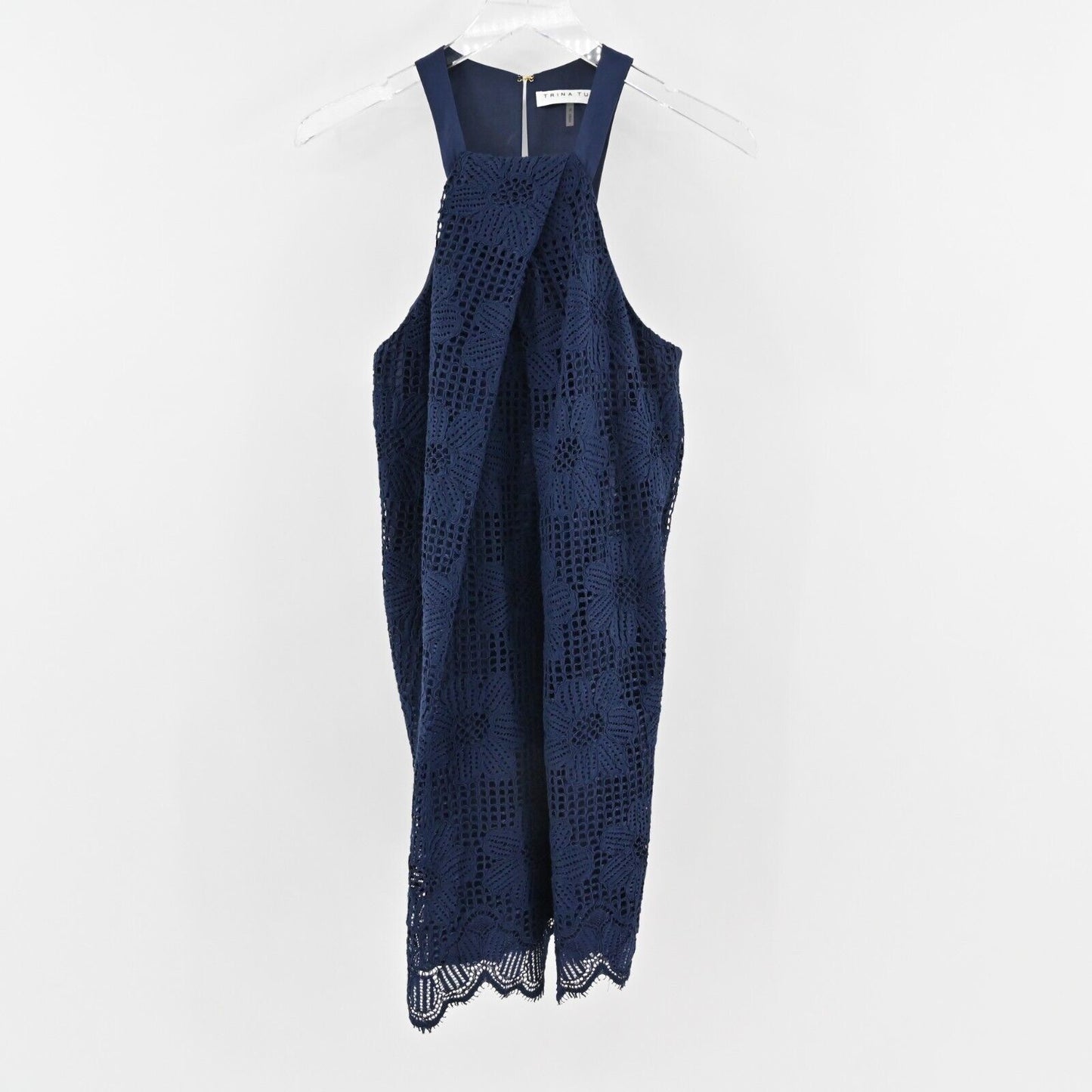 TRINA TURK Dress Sz 2 Navy Indigo Felisha Silk Blend Sleeveless Shift Scalloped