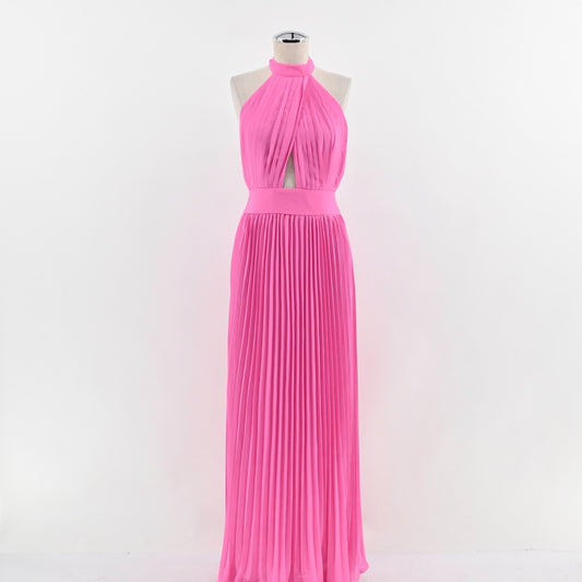 PINK LILY Pleated Maxi Dress Size S Sunny Gleam Accordion Halter Neck Cut Out