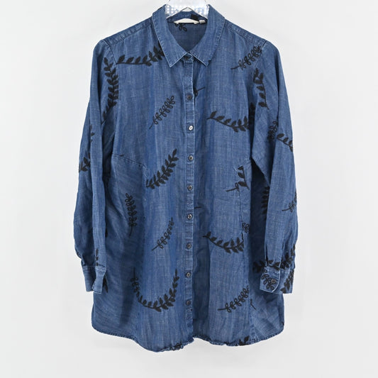 SOFT SURROUNDINGS Embroidered Top Womens Size L Blouse Papyrus Blue Chambray