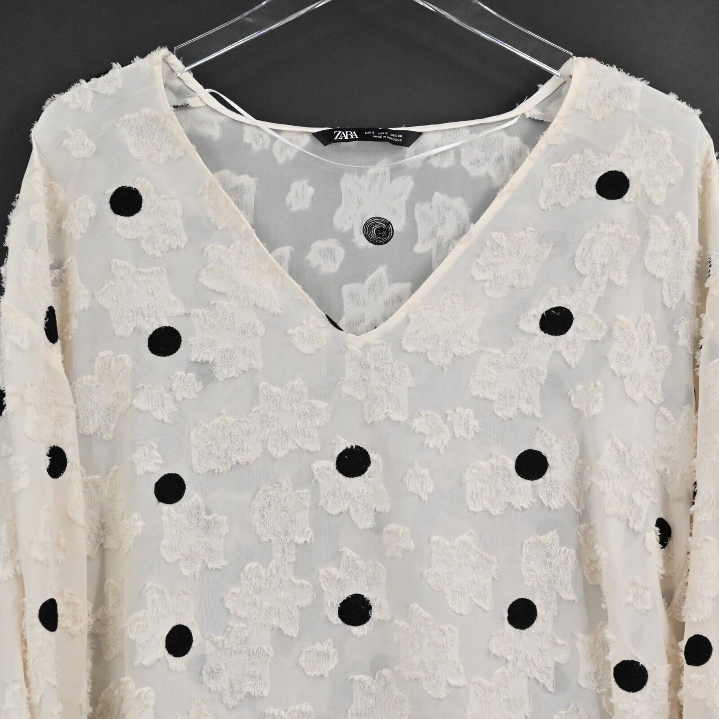 ZARA Top Womens Size S VNeck Polka Dot Textured Floral Poet Long Sleeve Sheer