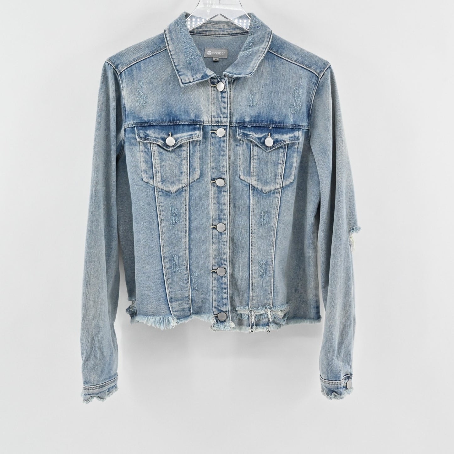 Tractr Womens Jean Jacket Size XL Pink Sequin Tongue Button Rolling Blue Stones