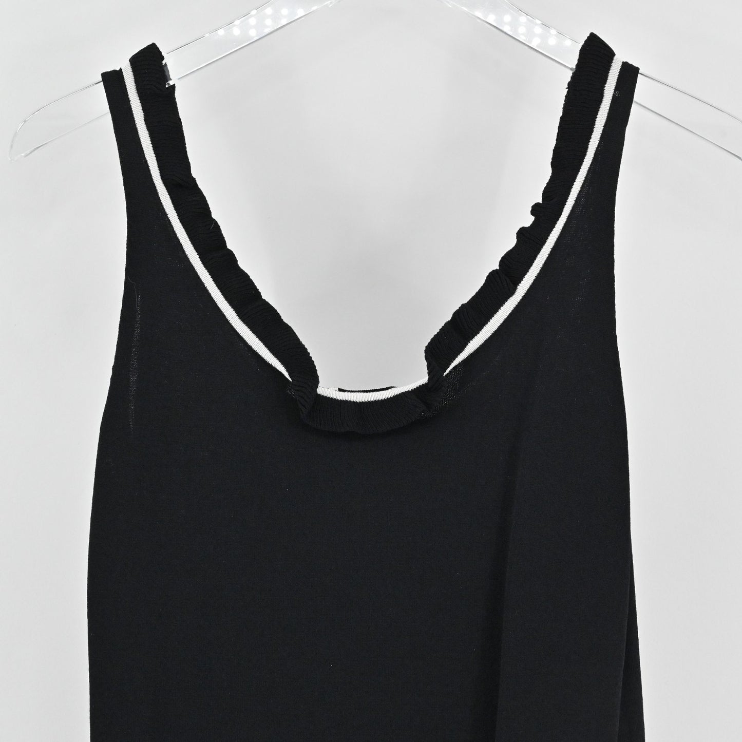 Vtg Cache Womens Knit Black Sleeveless Top Size S Ruffle Neck White Trim Blouse