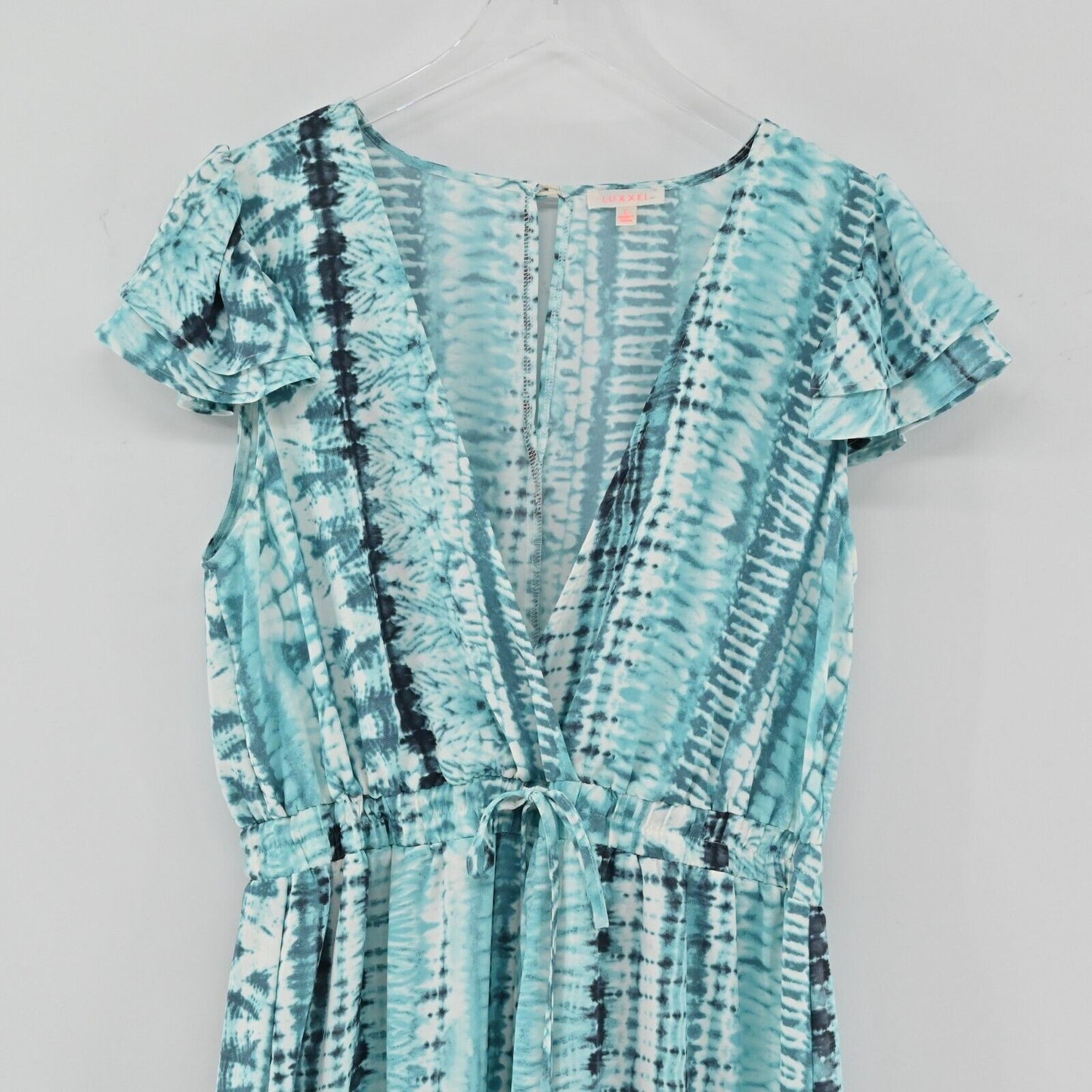 LUXXEL Romper Womens Size L Short Sleeve VNeck Turquoise Printed Tie Waist Frill