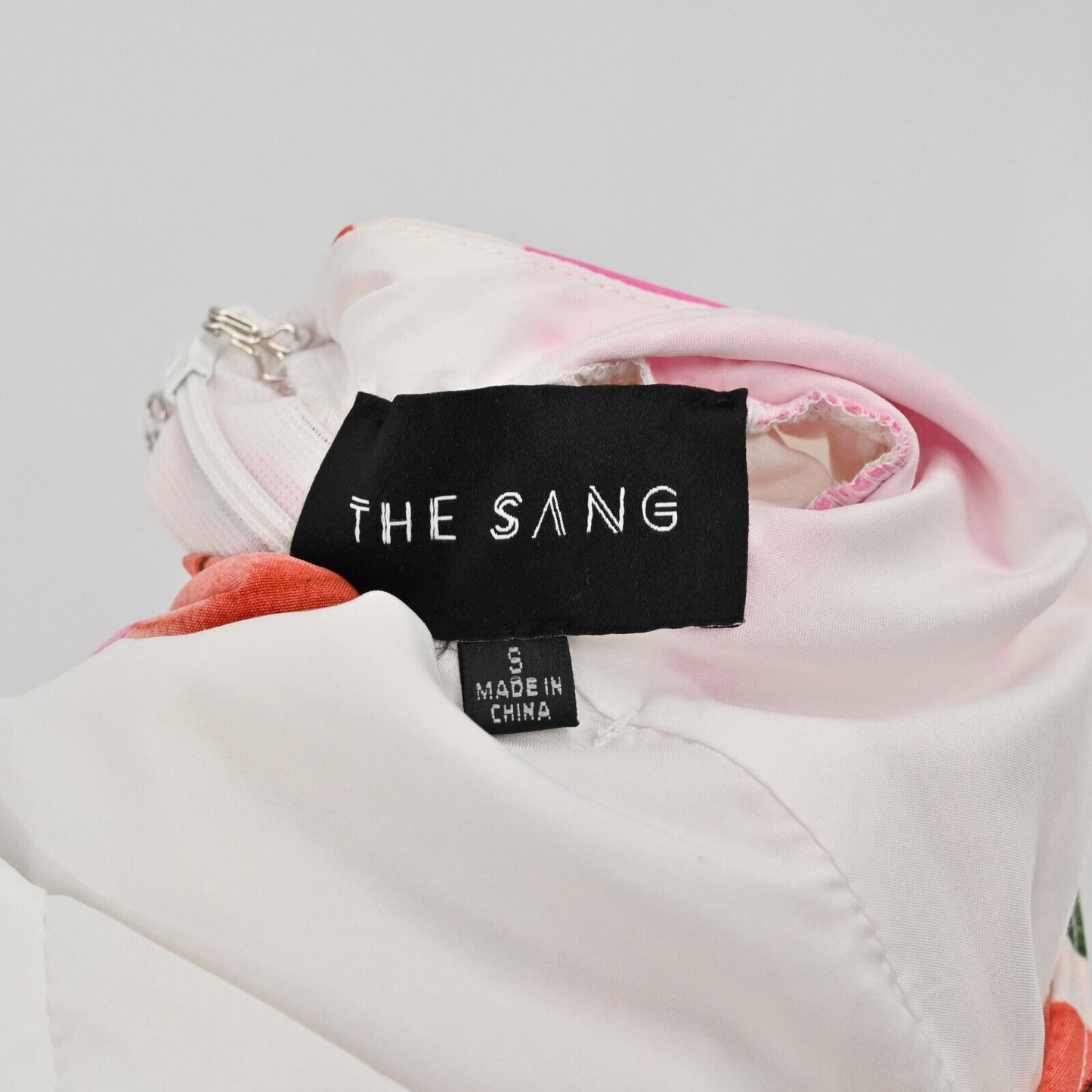 THE SANG Dress Sz S Sleeveless Maxi Red Pink White Floral Tiered Tie Waist Beach