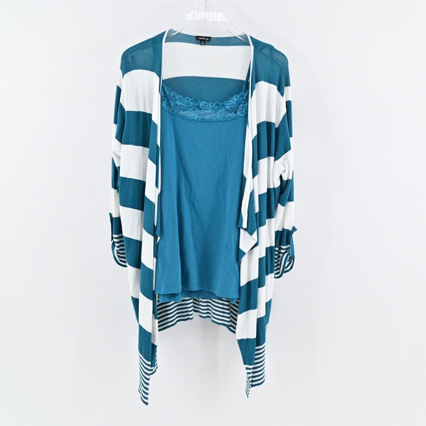 TORRID Set Womens Size 2X Blue Stripe Drape Open Front Cardigan Lace Trim Cami