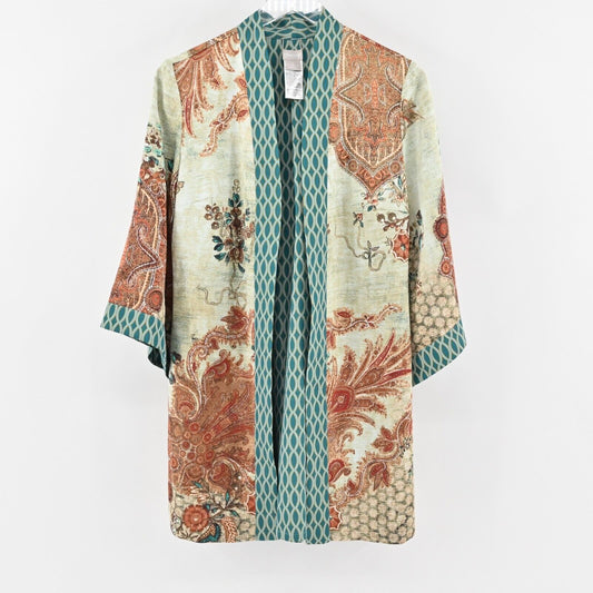 CHICOS Kimono Womens Size 4/6 Reversible Mixed Floral Geometric Satin Longline