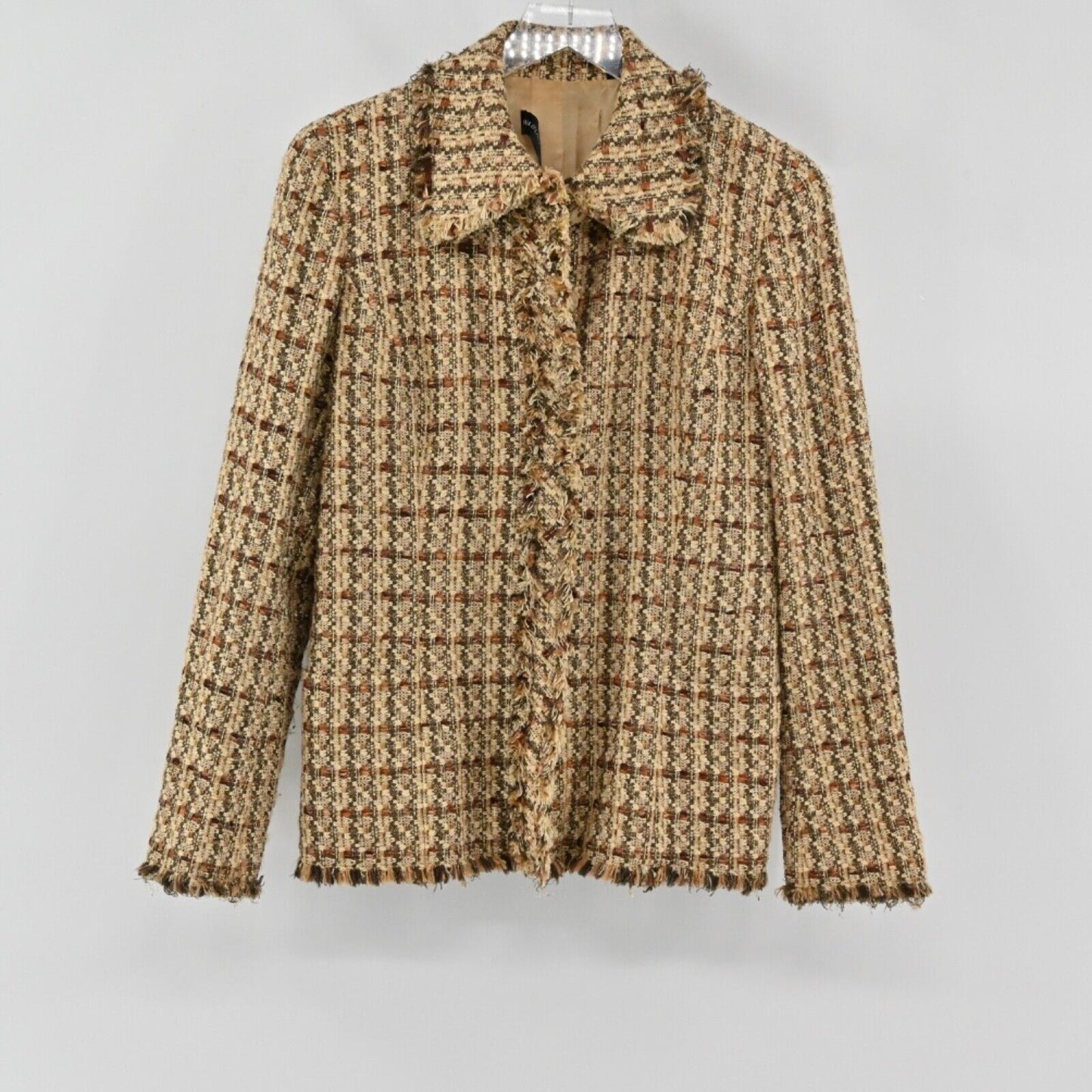 Vtg DANA BUCHMAN Jacket Womens Size 6 Brown Metallic Plaid Tweed Fringe Snap 00s