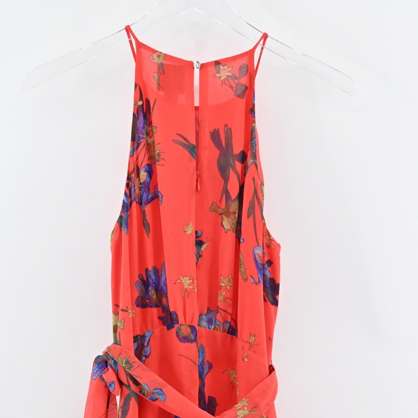 CECE Dress Sz 4 Red Floral Havana Fiesta Halter Tie Belt Asymmetric Ruffle Hem