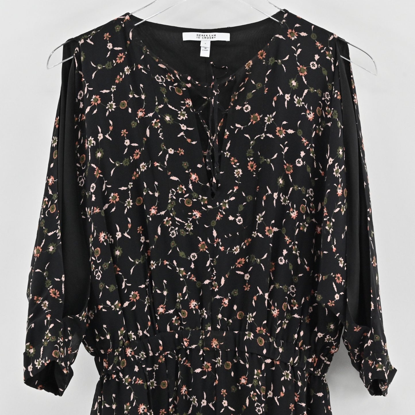Derek Lam 10 Crosby Silk Chiffon Floral Print Dress Size 2 Cold Shoulder Lace Up