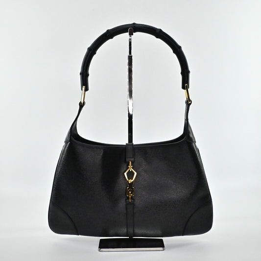 GUCCI Shoulder Bag Black Leather Jackie Bamboo Handle Medium Gold Tone Hardware