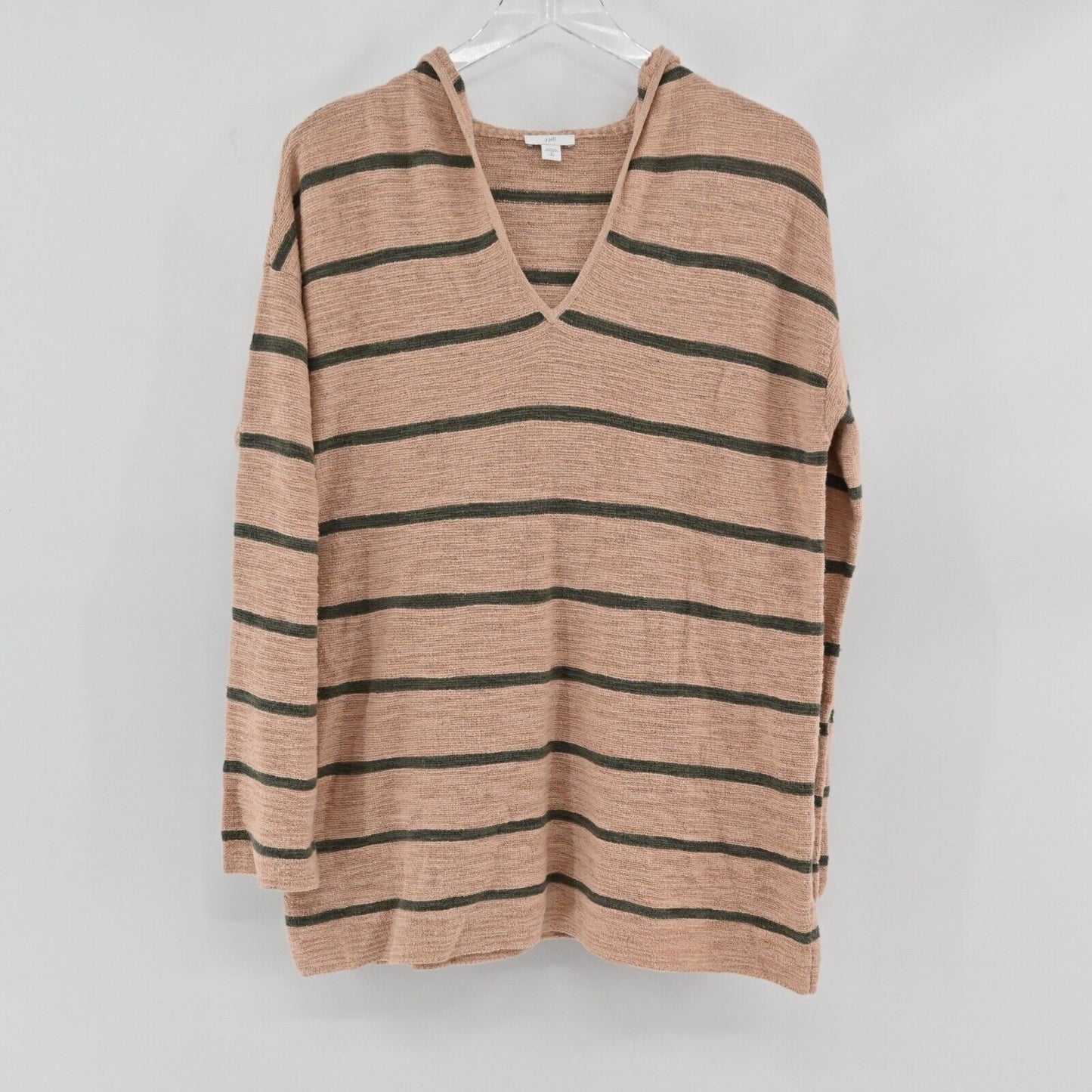 J JILL Sweater Womens Size S Tall Knit Olive Green Tan Stripe Long Sleeve Hoodie