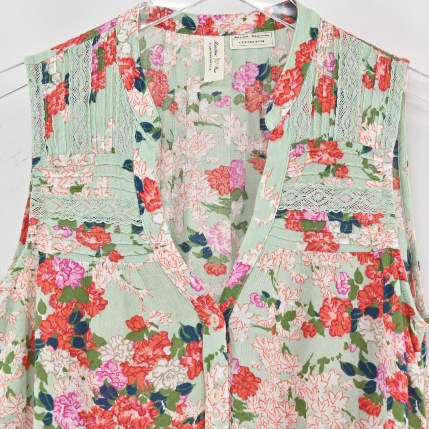 Anthropologie MEADOW RUE Womens Top Size 2 Whimsical Sleeveless Green Floral