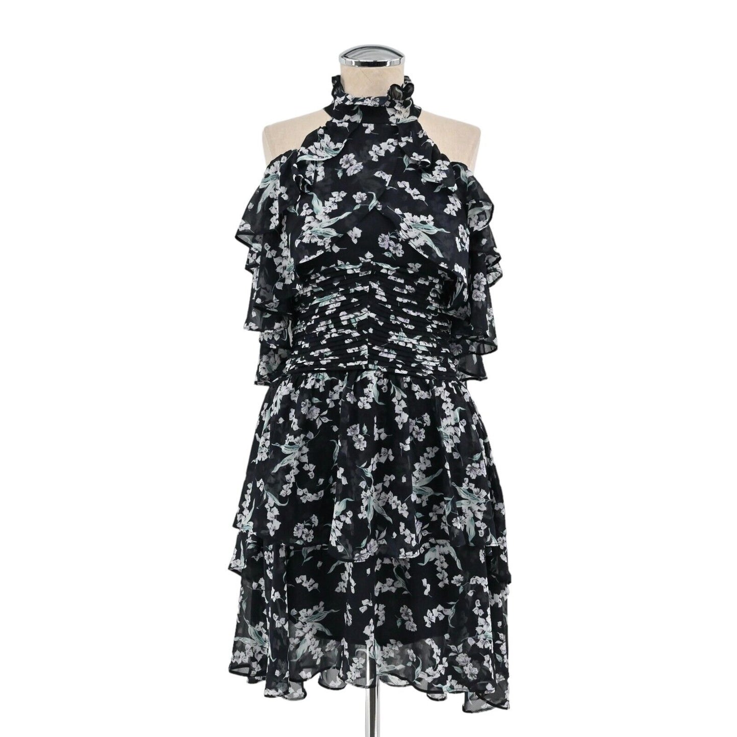 ELLIATT Dress Womens Sz XS Ruffle Mini Navy Blue Floral Cold Shoulder Whimsygoth