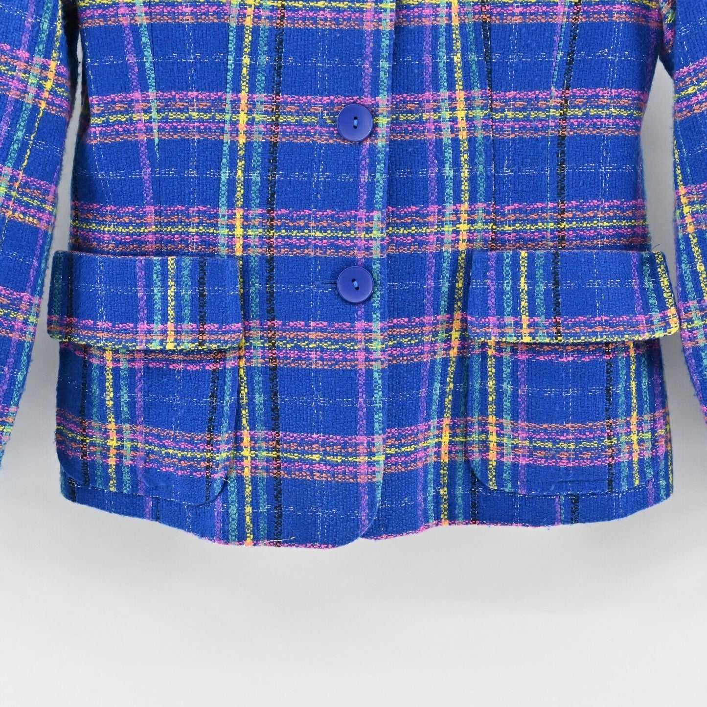 Vtg FLORA DONNA Blazer Womens Size 2 Neon Plaid Tweed Single Breasted Jacket