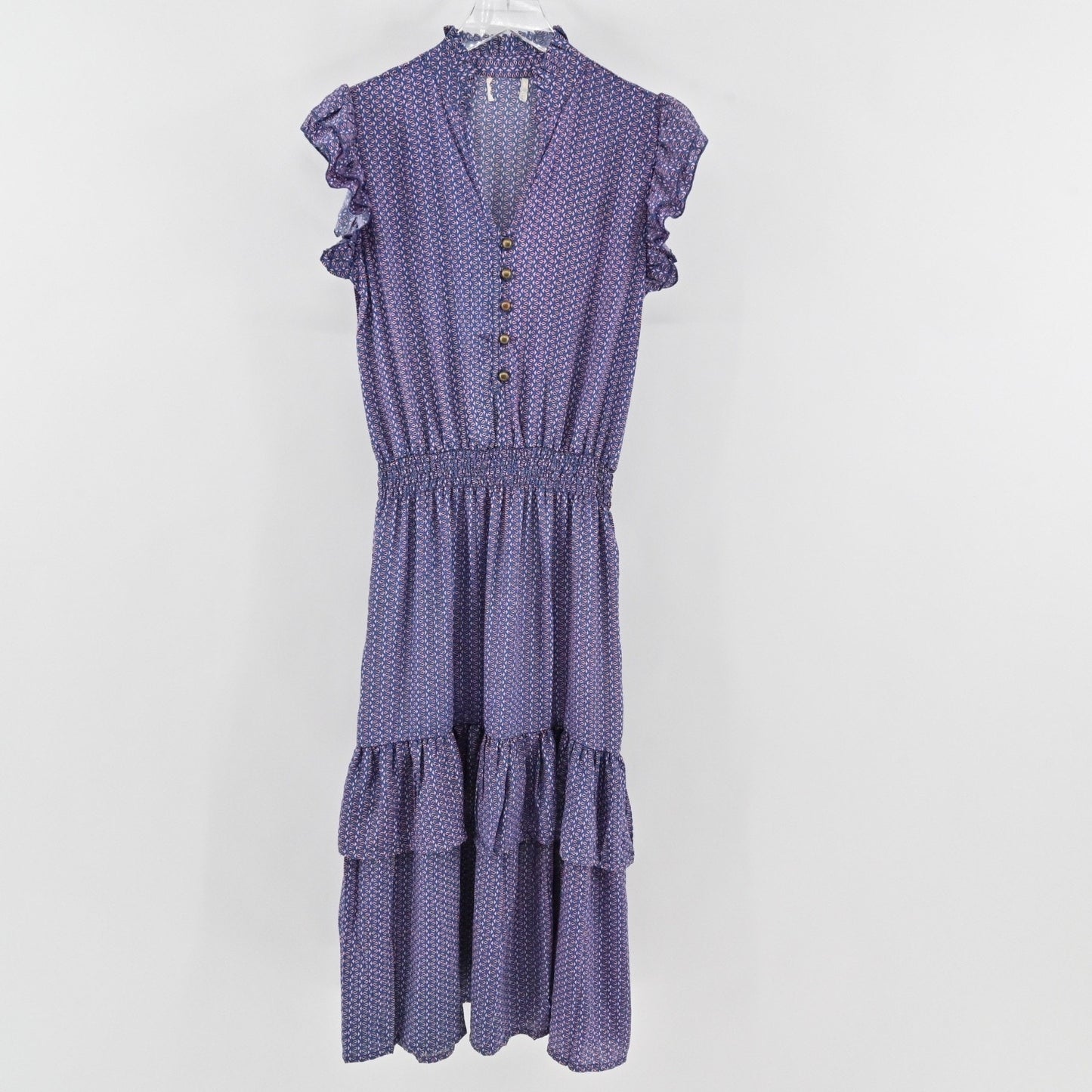 PERRY WALKER COLLECTIVE Cornelia Midi Dress Size M Blue Floral Silk Peasant Boho