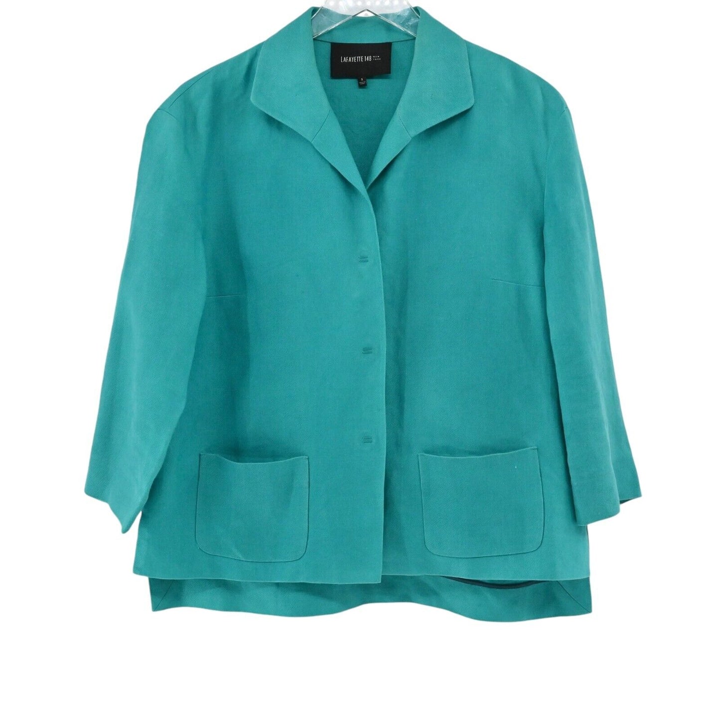 LAFAYETTE 148 Blazer Womens Size S Solid Teal Linen Button Front Pocket Collar