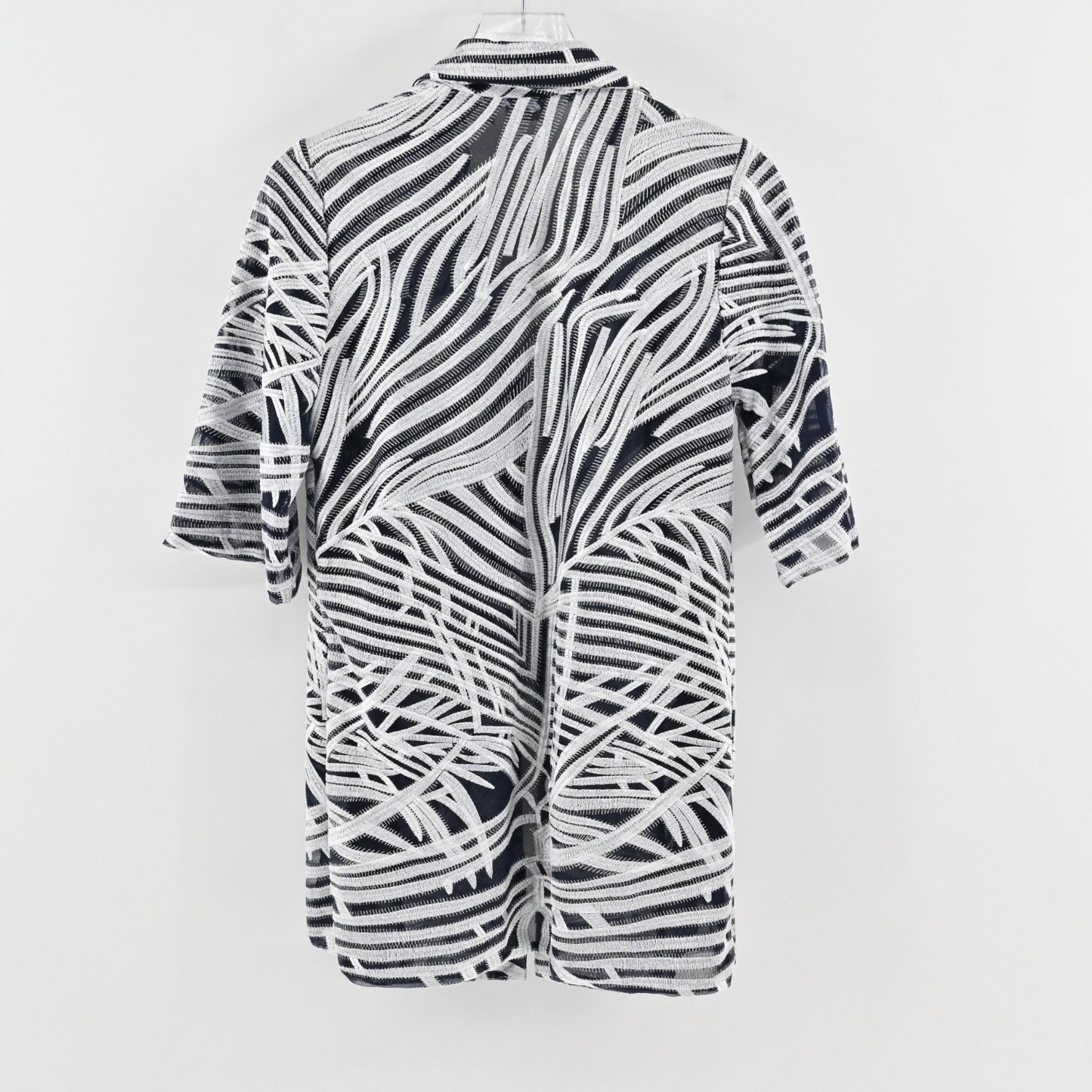 Chicos Womens Travelers Open Front Jacket Size S Navy Silver Embroidered Print