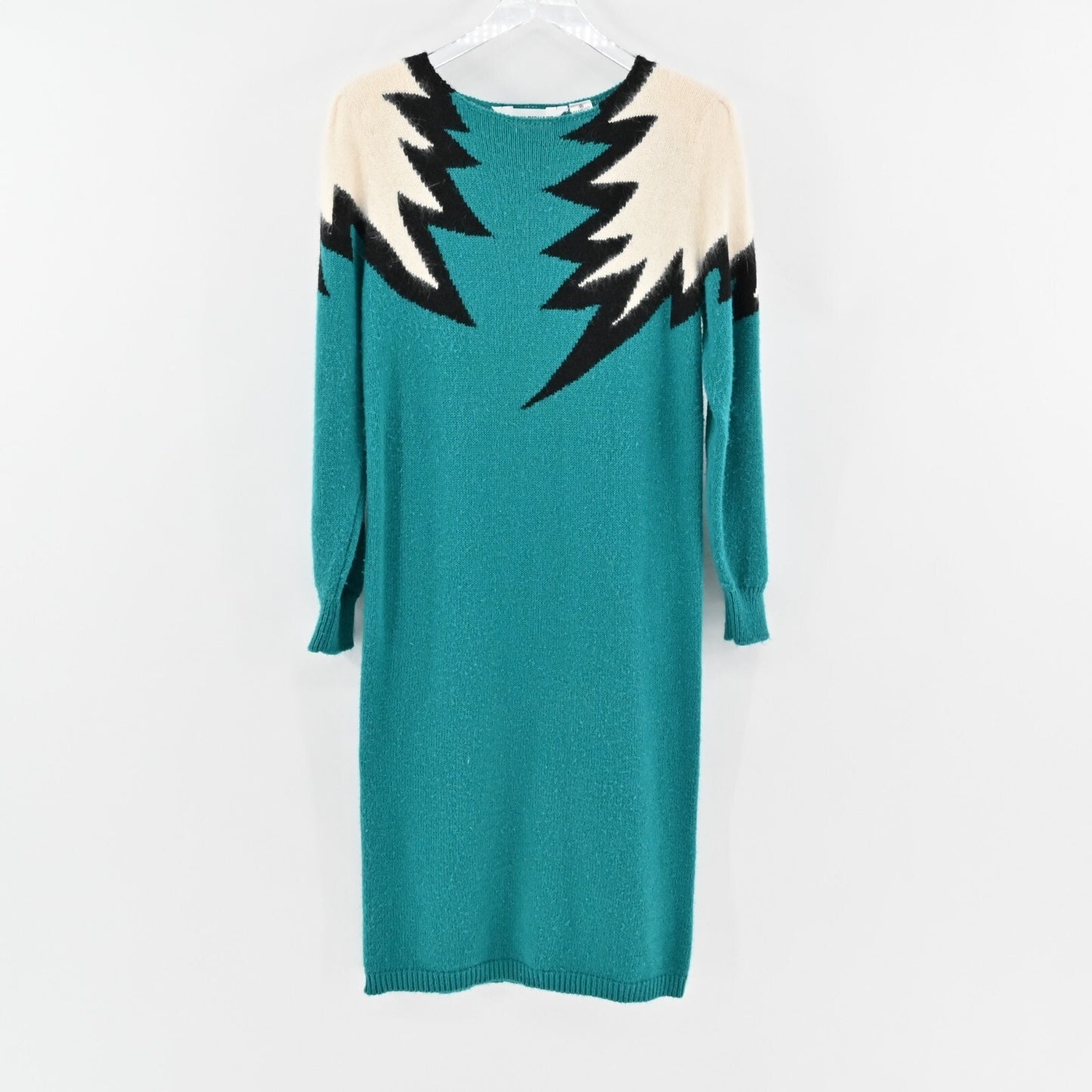 Vtg JOHN RICHARD Sweater Dress Angora Hair Sz M Knit Zig Zag Lightning Teal 80s
