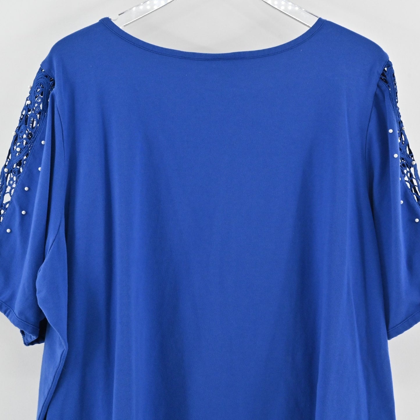 Quacker Factory Womens Lace Sleeve Knit Royal Blue Top Size 3X Faux Pearl Detail