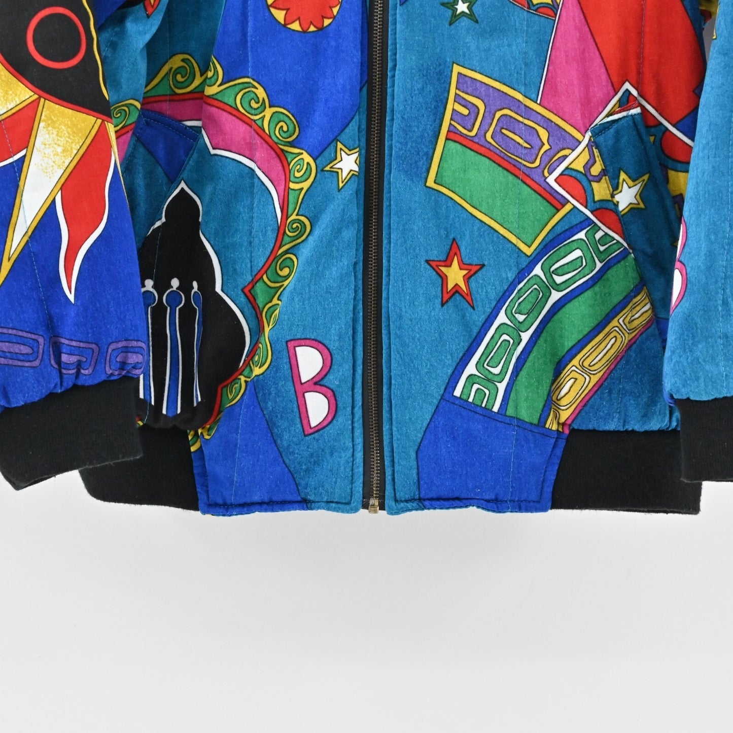 Vtg Bomber Jacket Womens Size L Dopamine Maximalist Sun Star Print Janeve Boho