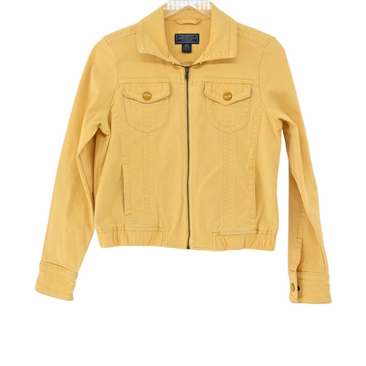 Vtg AMERICAN EAGLE Jean Jacket Womens Size M Yellow Denim Zip Up Pockets Y2k