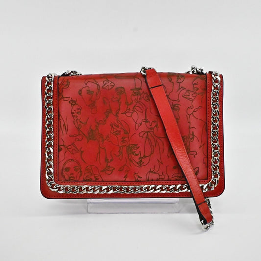 ZARA Laser Cut Shoulder Bag Red Portrait Art Print Leather Chain Strap Grunge