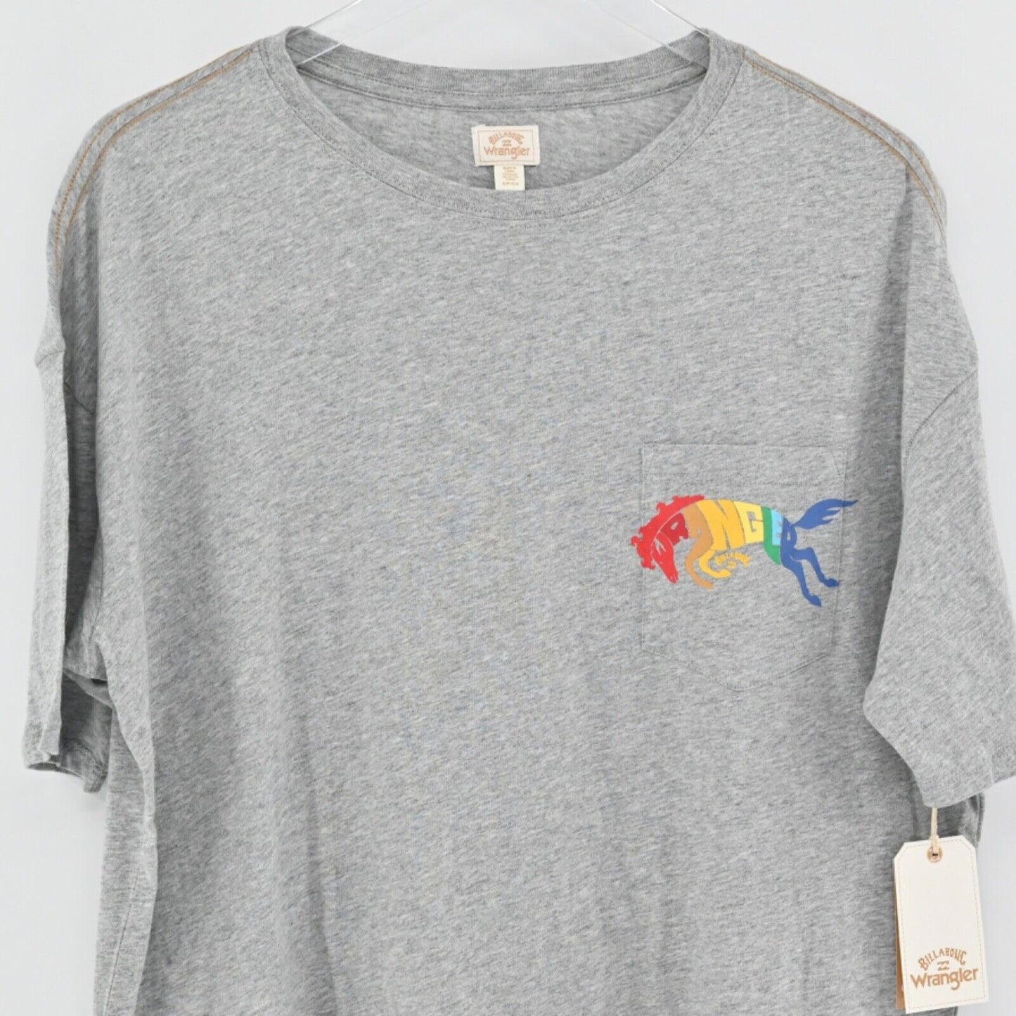BILLABONG x WRANGLER T Shirt Womens Sz S Gray True Boy Pocket Rainbow Cotton NEW