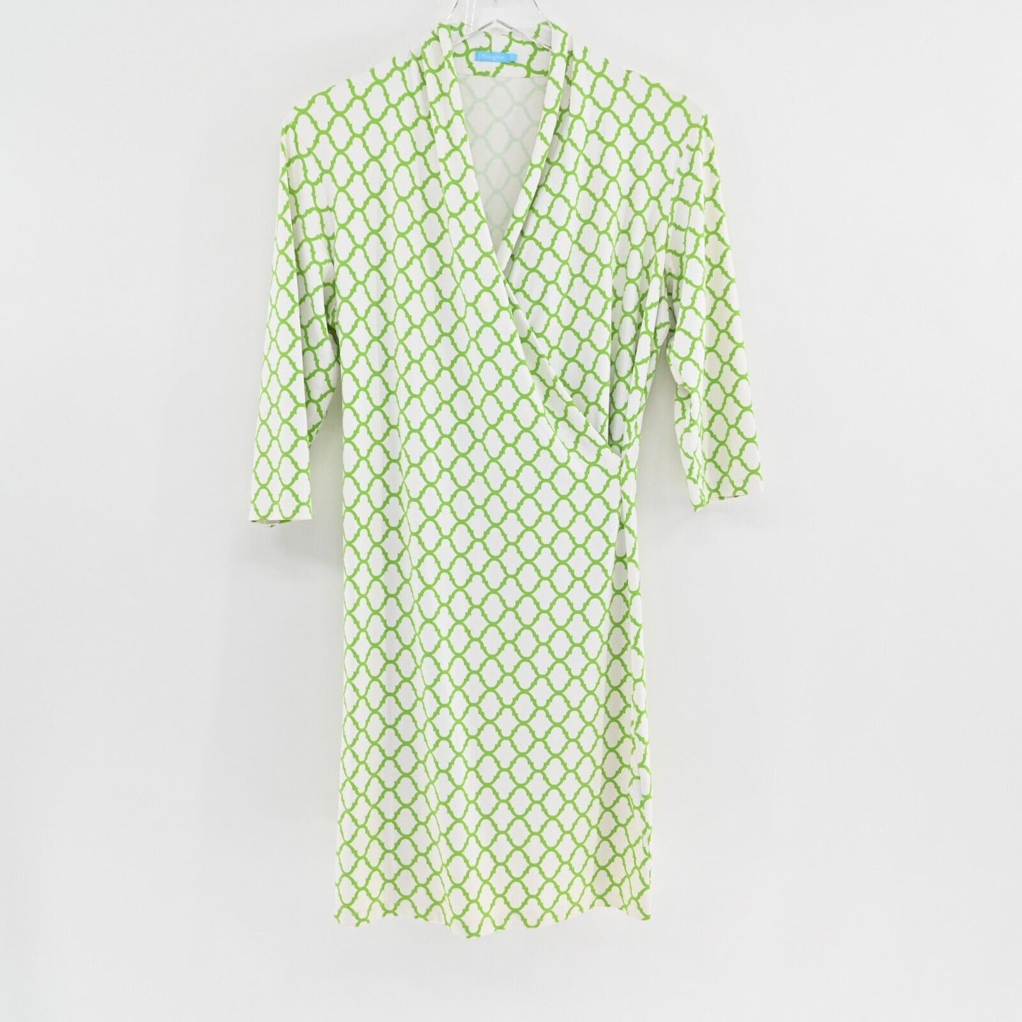 J MCLAUGHLIN Dress Size M Catalina Cloth Green White Faux Wrap Trellis Print