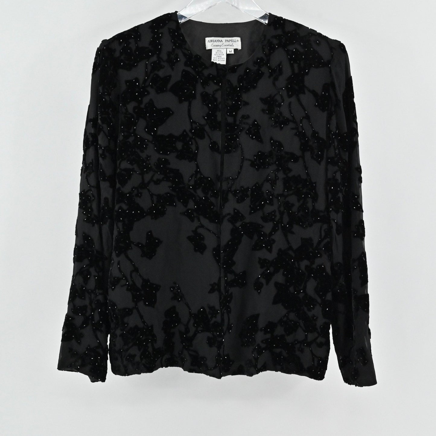 Vtg Adrianna Papell Black Silk Jacket Size M Velvet Beaded Floral Embellished