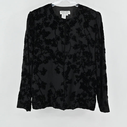 Vtg Adrianna Papell Black Silk Jacket Size M Velvet Beaded Floral Embellished