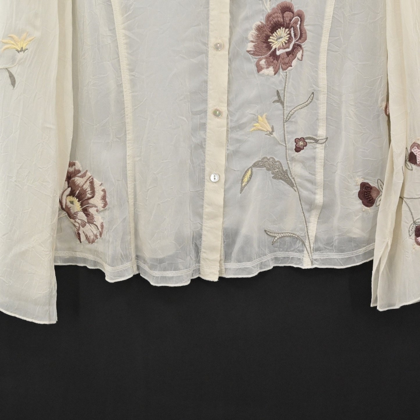 J JILL Womens Embroidered Button Up Top Sz XL Ivory Floral Sheer Boho Retro 00s