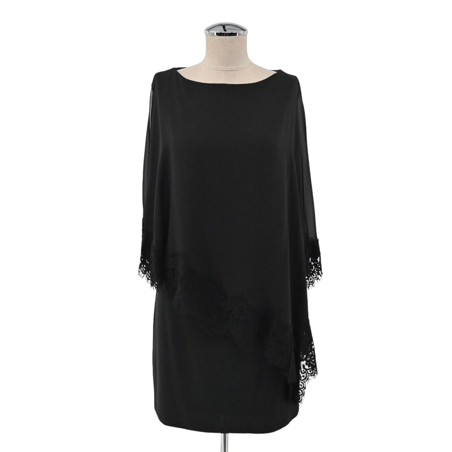XSCAPE Dress Women Sz 4 Black Lace Trim Chiffon Cold Shoulder Shawl Style Sheath