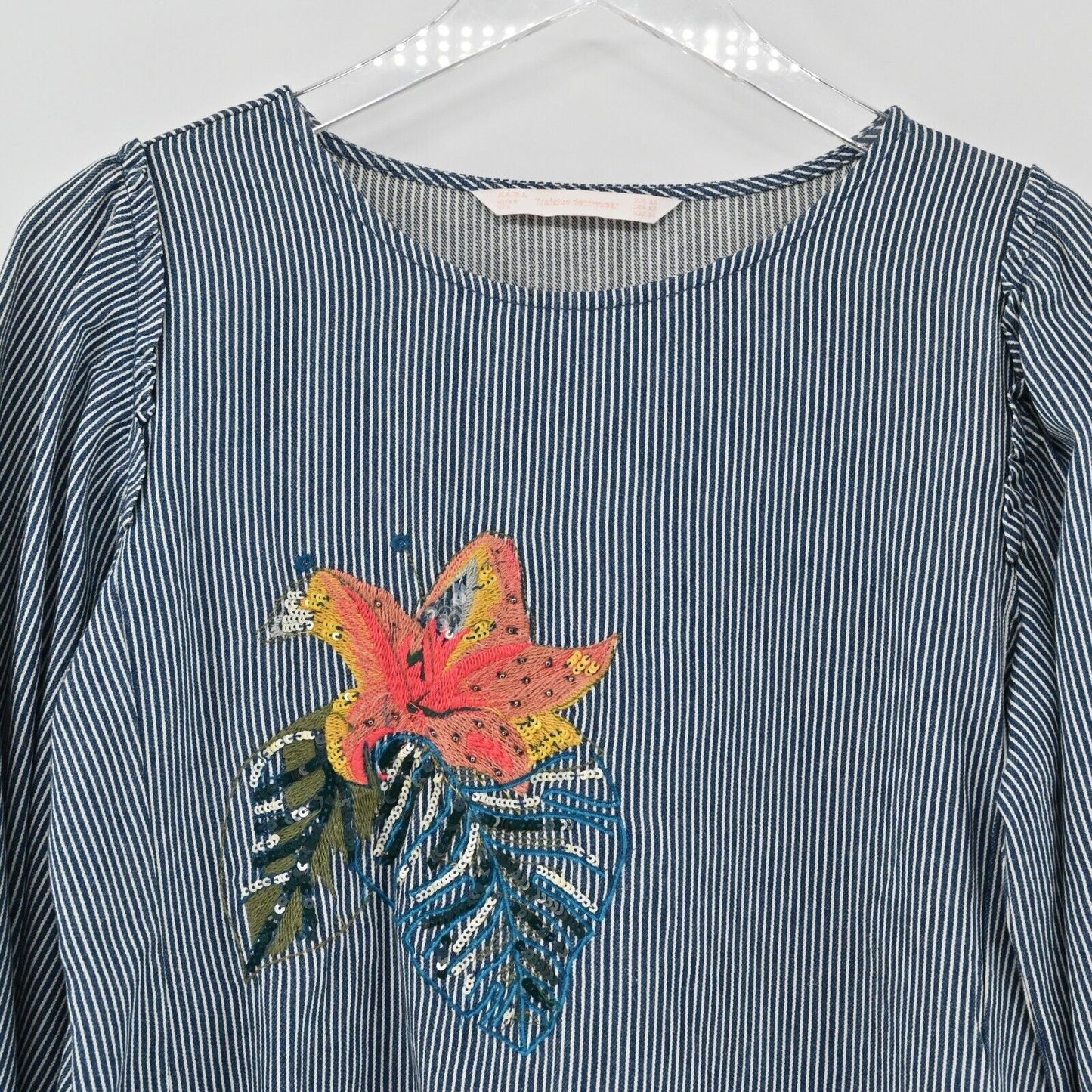 ZARA Top Womens Size XS Blouse Floral Embroidered Stripe Balloon Sleeve Denim