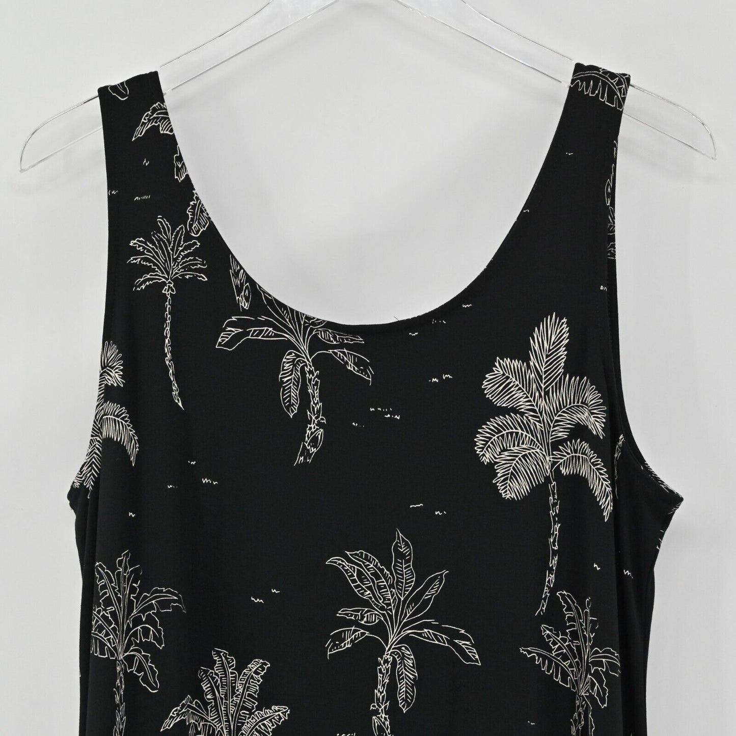 J JILL Dress Sz M Sleeveless Jersey Tropical Palm Black Wearever Collection NEW
