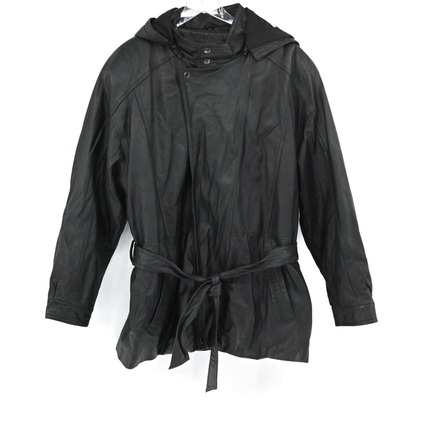 Vtg WILSONS Leather Coat Mens L Black Removable Hood Belted Faux Fur Lined 80s