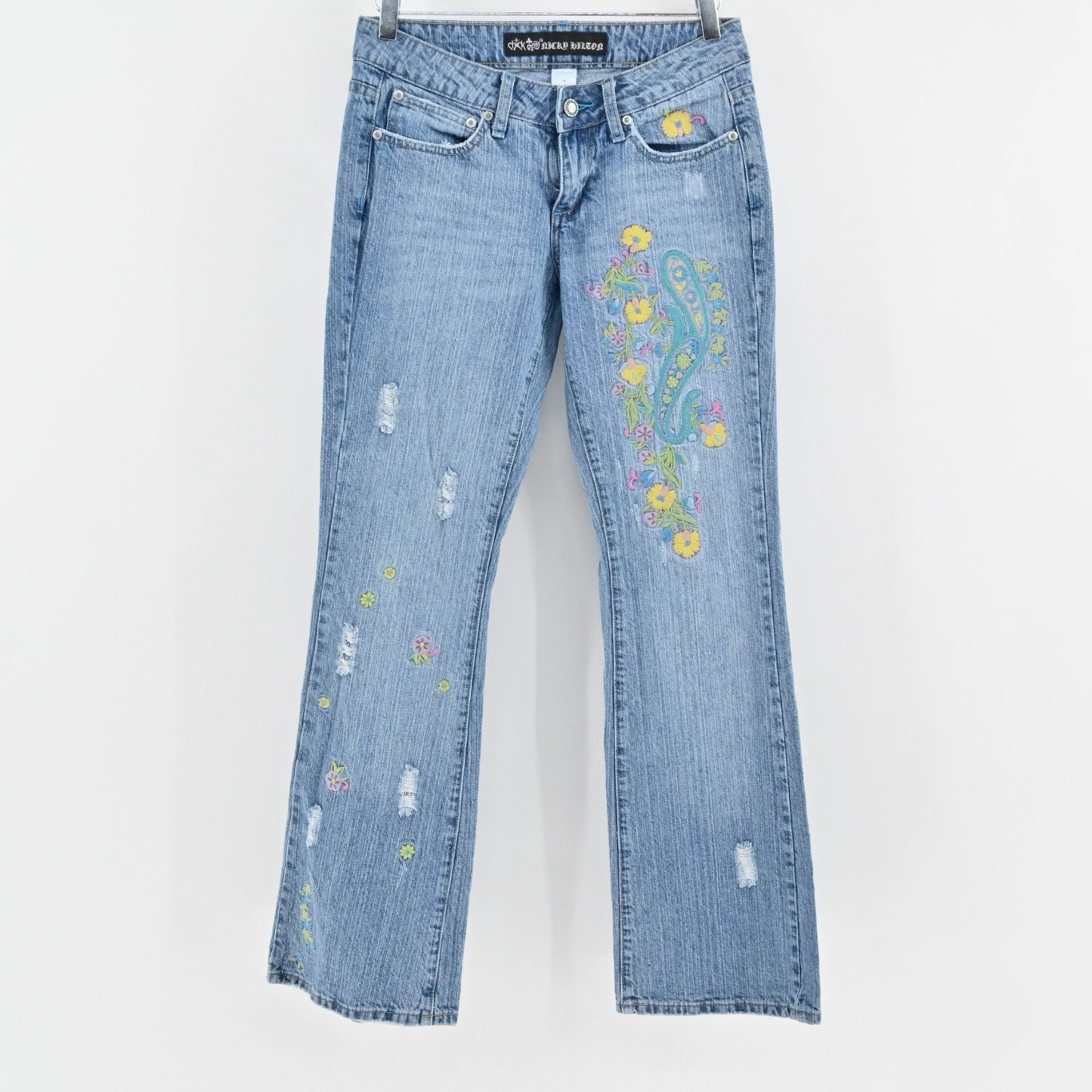 Vtg Y2k Floral Embroidered Jeans Sz 7 Low Rise Flare Distressed Paisley Festival