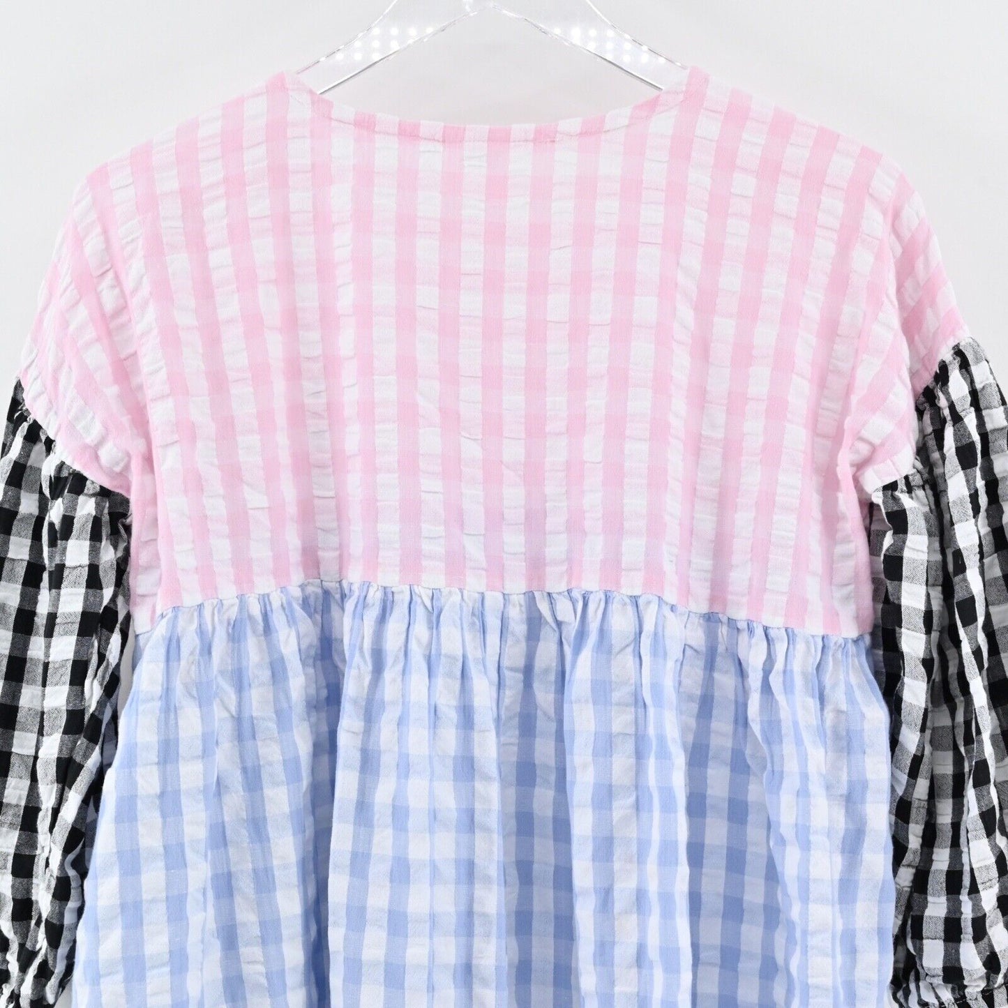 TACH Clothing Dress Sz S Catarina Babydoll Colorblock Gingham Cotton Puff Sleeve