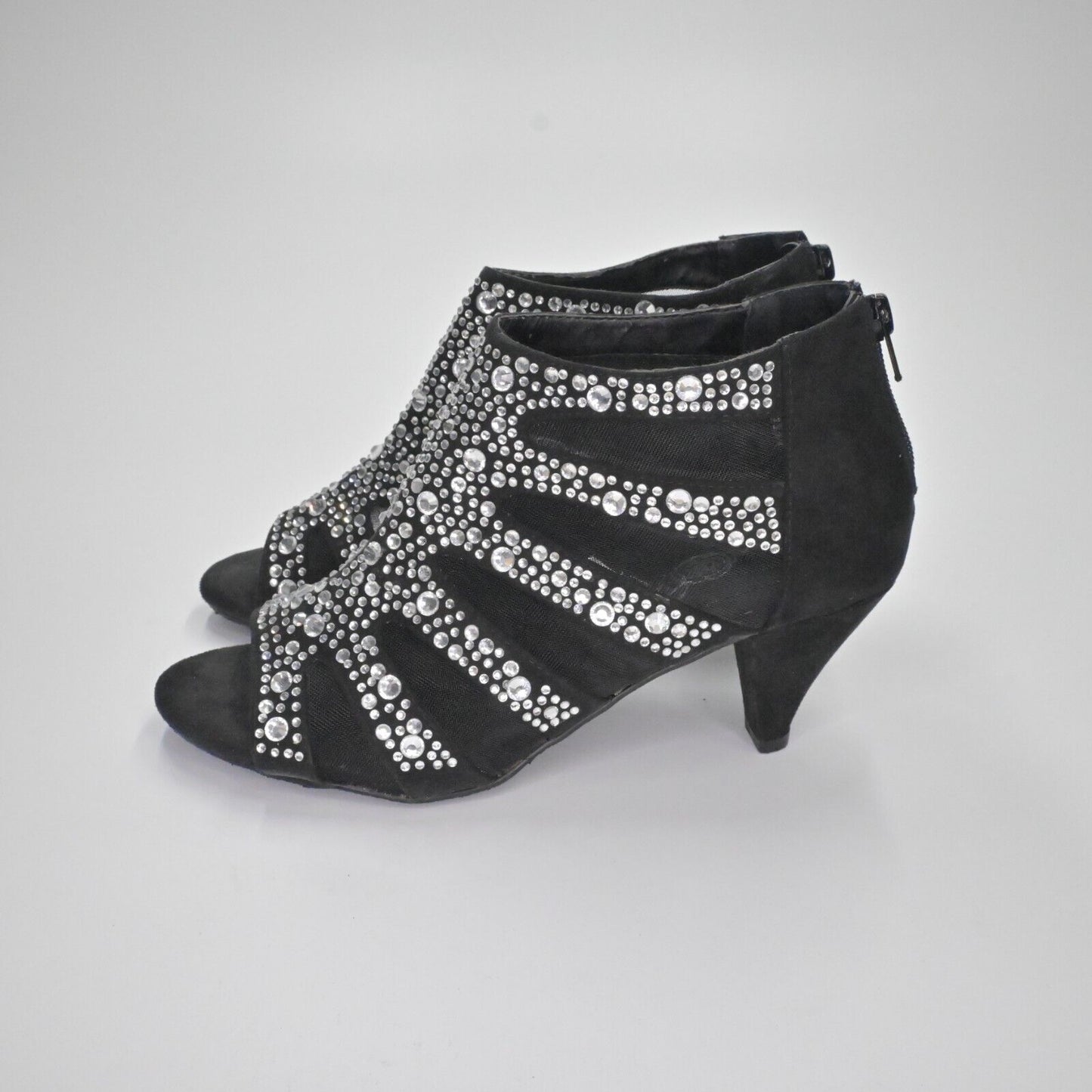 Vtg JOAN BOYCE Heels Womens Sz 7.5 Black Faux Suede Mesh Rhinestone Peep Toe Y2K