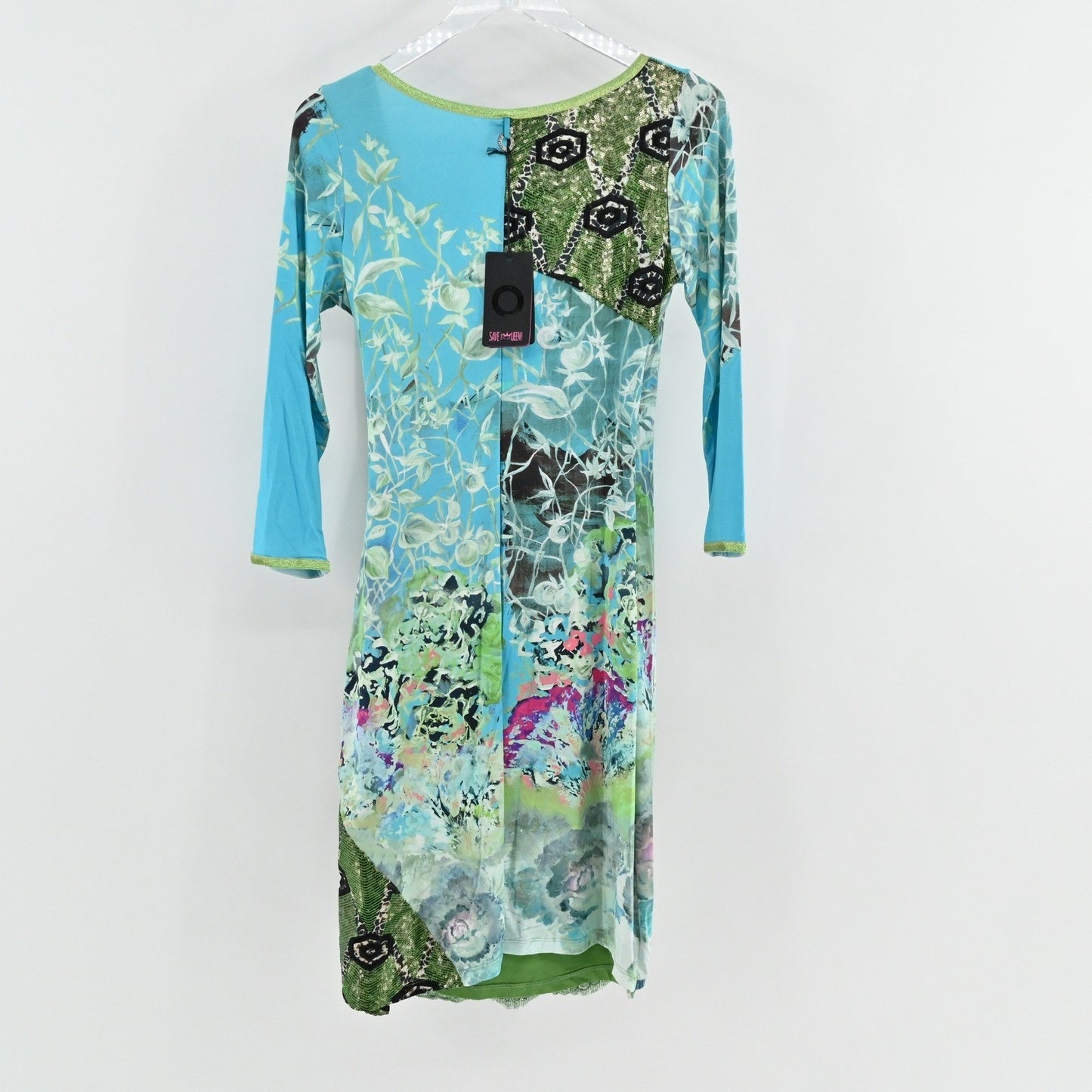 Save The Queen Wrap Dress Sz S Italy Turquoise Floral Mesh Long Sleeve Eclectic