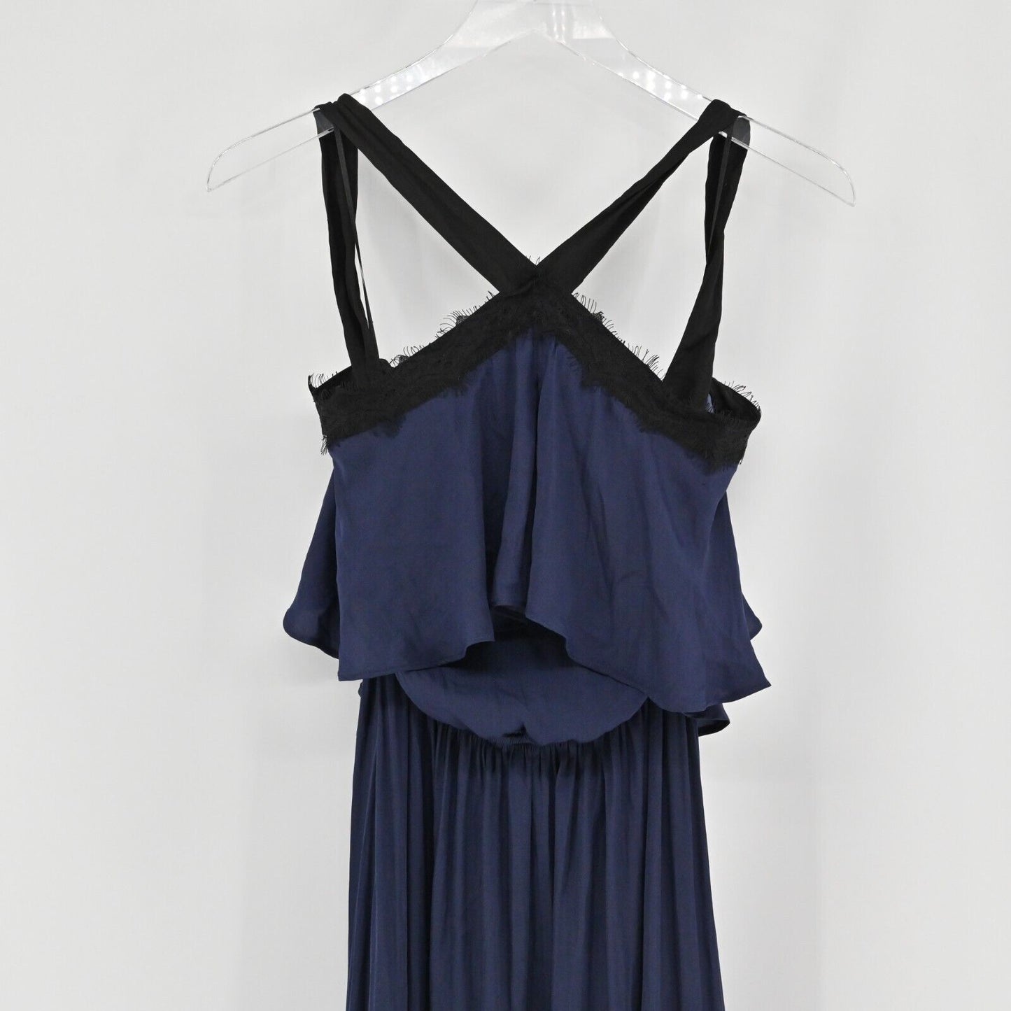 AQUA Dress Womens Sz XS Blue Midi Lace Inset Halter Open Shoulder Strappy A Line