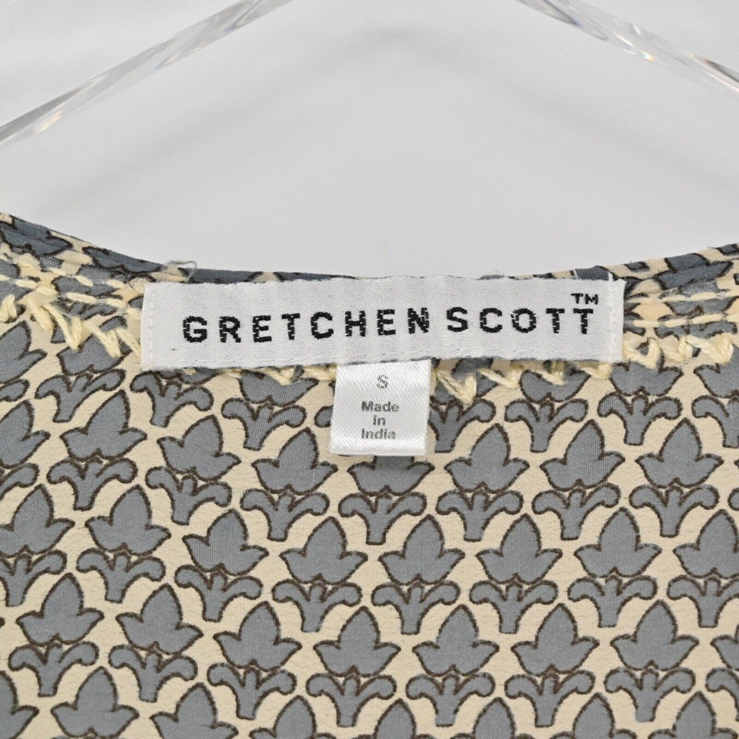 GRETCHEN SCOTT Tunic Top Womens Sz S Blue Silk Embroidered Boho Print 3/4 Sleeve