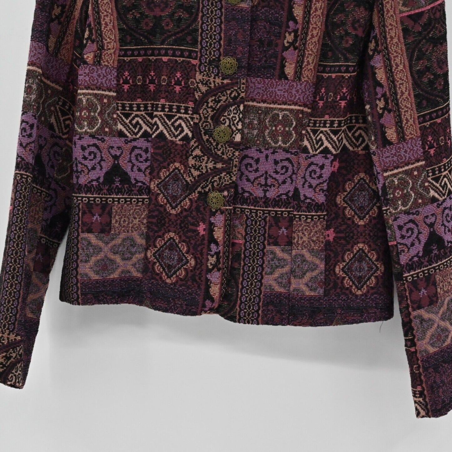 Vtg MDL Jacket Womens Sz S Purple Patchwork Print Tapestry Button Front Boho 90s