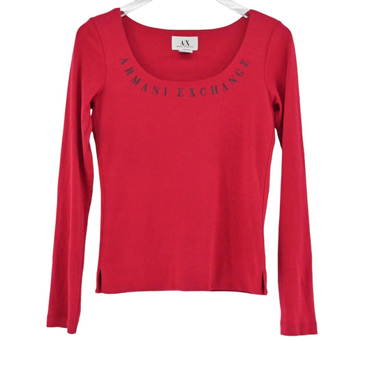 Vtg ARMANI EXCHANGE Top Womens Size M Red Long Sleeve Spellout Cotton Holiday