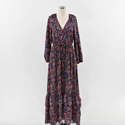 BOEMO Dress Size LP Navy Red Long Sleeve VNeck Tie Waist Floral Print Boho Maxi