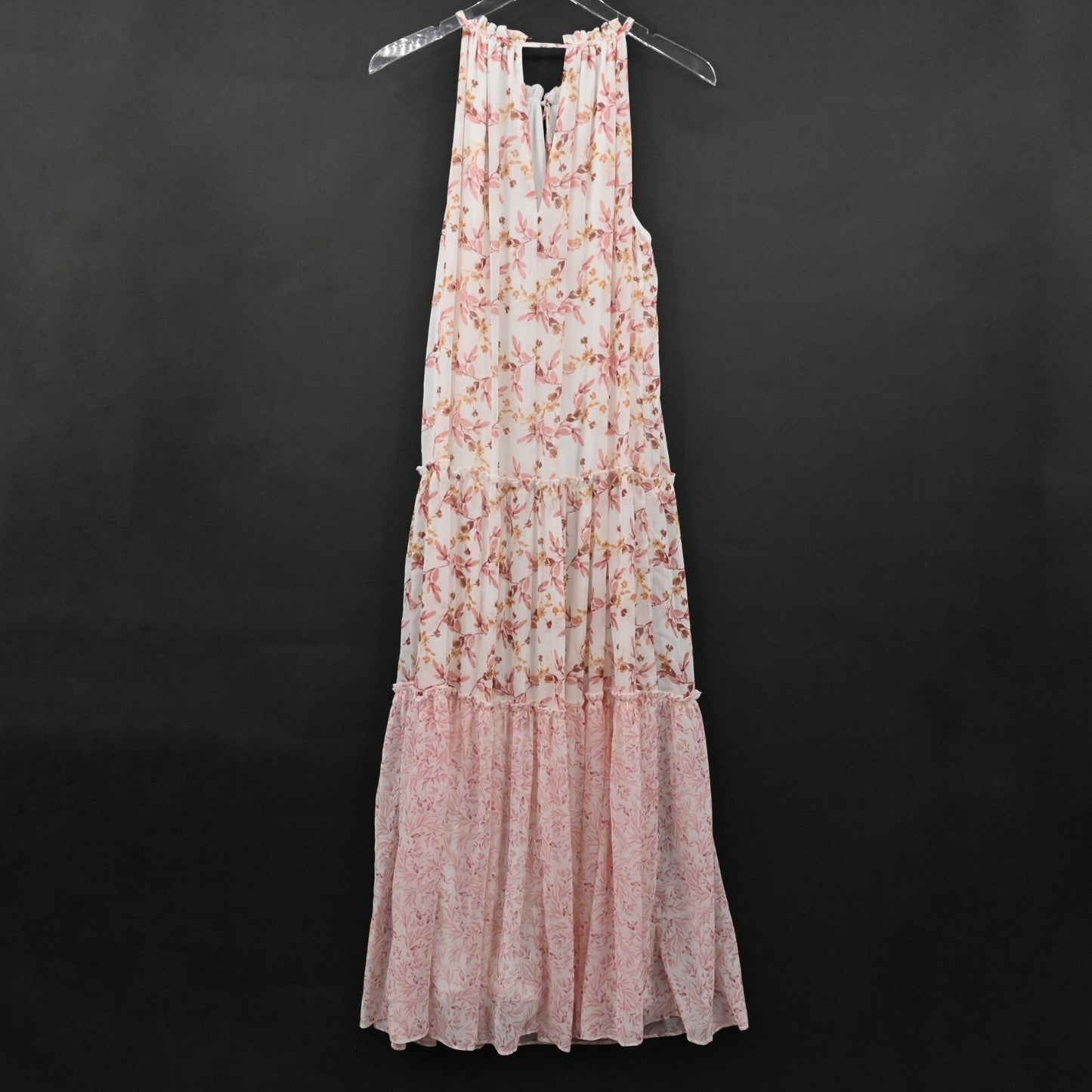 DREW Naomi Maxi Dress Size L Chiffon Halter Floral Print Tiered Sleeveless Boho